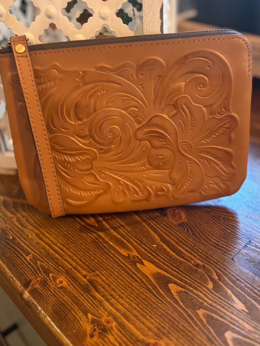 Patricia Nash Tooled Leather Wristlet Clutch - Tan Floral Design